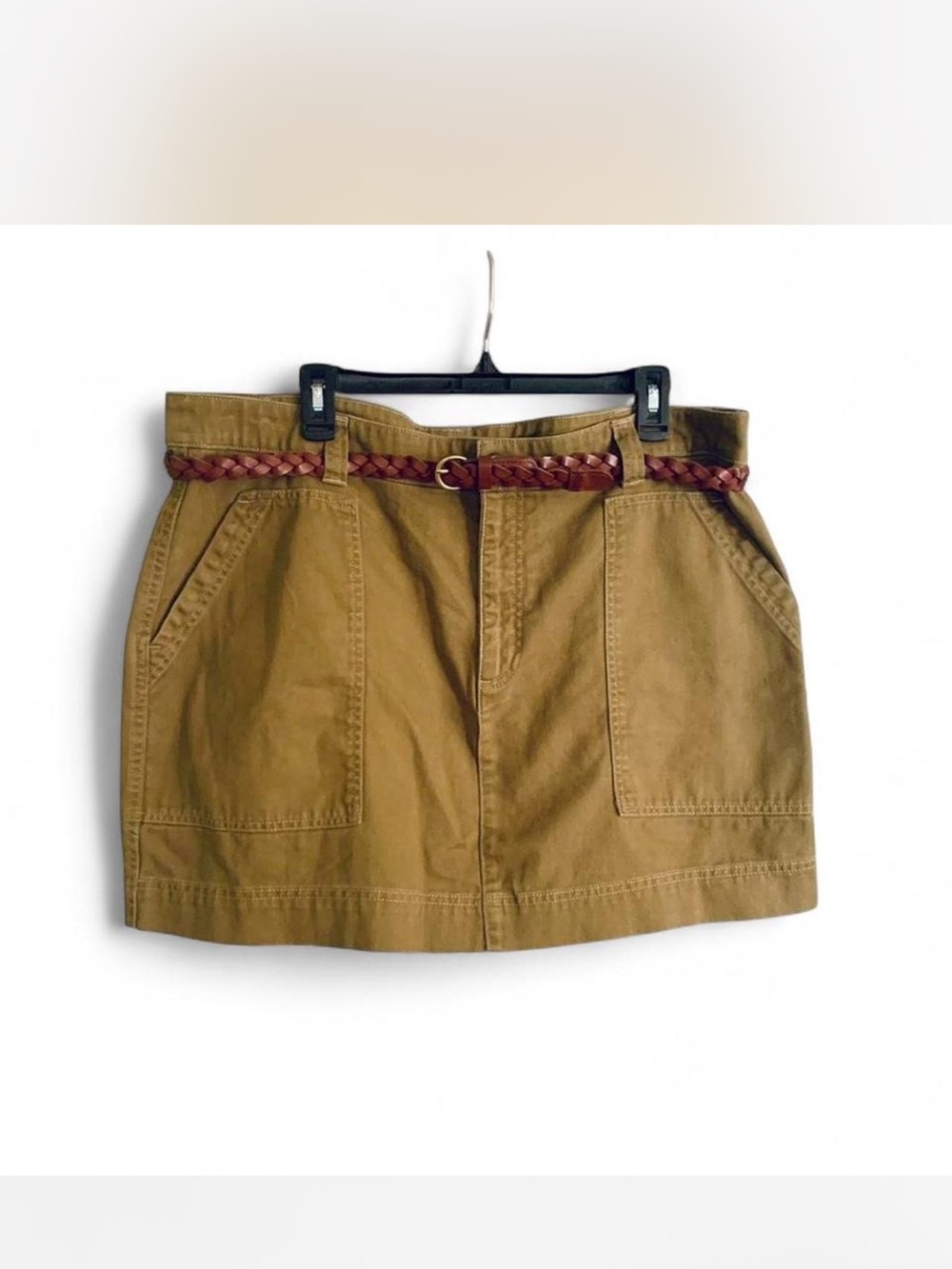 Y2K Old Navy Olive/Khaki Mini CargoSkirt  with Braided Brown Belt size 18